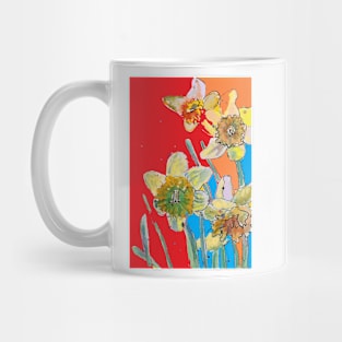 Abstract Yellow Daffodil Watercolor Pattern on Red, Orange and Blue Mug